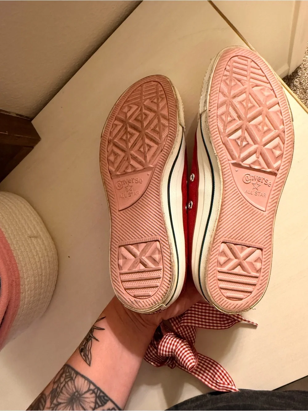 Converse Red Canvas Low Top Sneakers with Pink Ribbon Laces - Picture 2 of 3